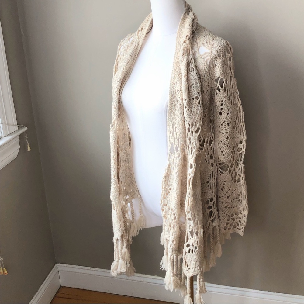 Ivory wool blend crochet open cardigan sweater jacket XS/S